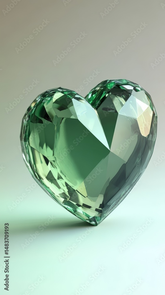 Fototapeta premium Faceted green heart-shaped gemstone with reflective surface on light background