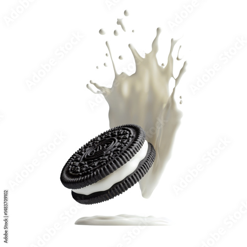 Delicious Oreo Cookie Splashing in Milk with Creamy Filling and Whipped Cream Effect on transparent background