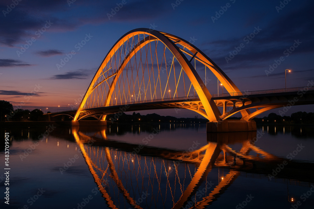 Obraz premium Bridge illuminated at night over river.
