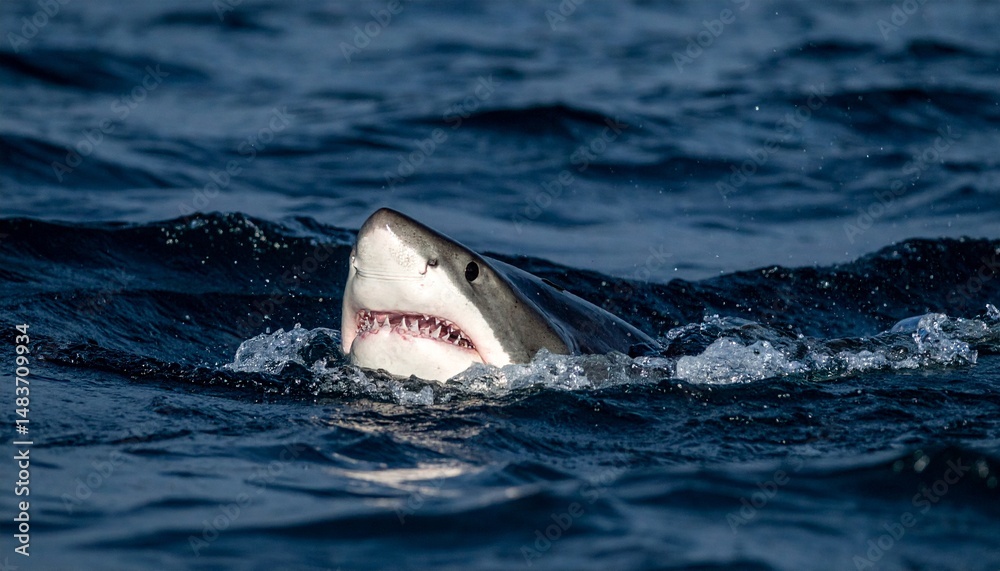 Fototapeta premium powerful shark emerging from dark waters creates striking visual at twilight
