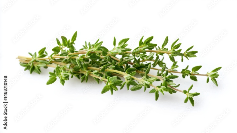 Isolated fresh thyme sprig on white background culinary herb photography kitchen environment minimalist viewpoint for culinary uses Isolated fresh thyme sprig on white background culinary herb photography kitchen environment minimalist viewpoint for culinary uses