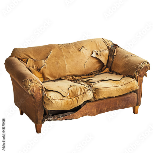 old broken sofa with torn fabric on white background

