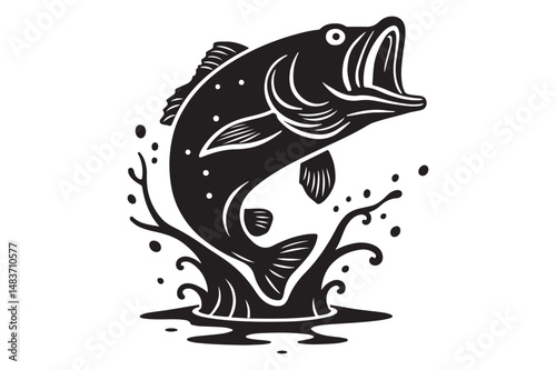 Flat Style Bass Fish Silhouette with Splash for Wildlife Prints