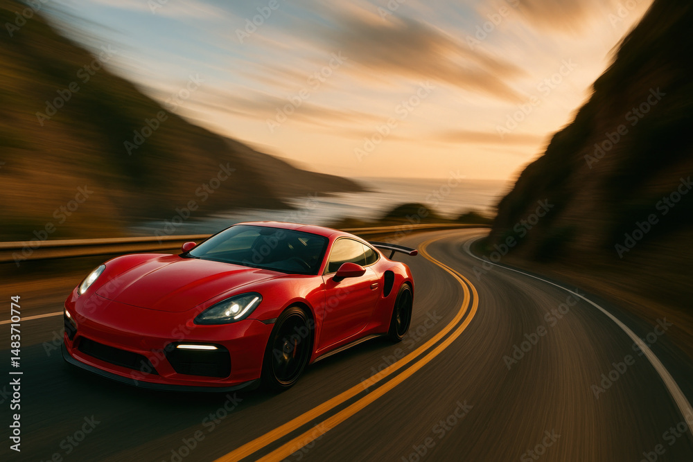 Obraz premium Red sports car speeding down road.