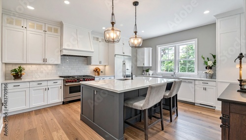 interior design of a beautiful kitchen with a large island in a modern new england colonial home