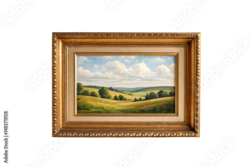 PNG Classic framed landscape artwork depicting rolling hills and clouds in antique wooden frame