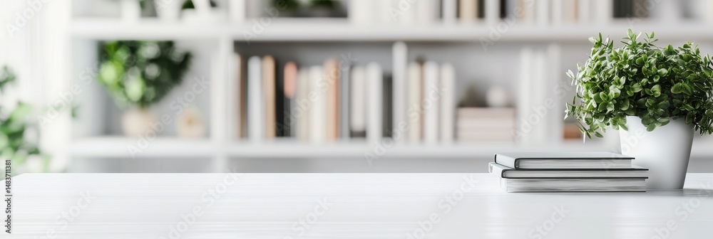 Fototapeta premium Bookshelf Elegance: A Three-Dimensional Display of Books and Decor Plants on a White Tabletop with a Blurred Apartment Background