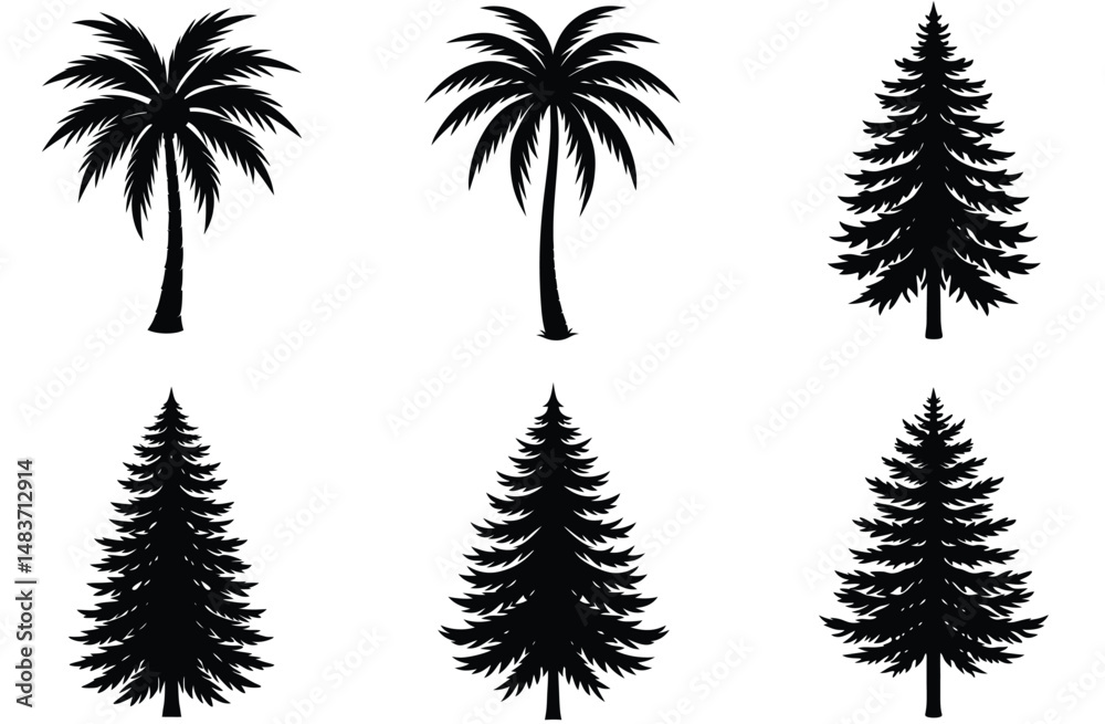 Fototapeta premium A vector set of black tree silhouettes illustrates the beauty of nature's floral design