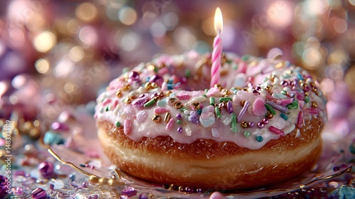 Delicious donut topped with vibrant sprinkles and a festive candle, perfect for celebrations or sweet treats.