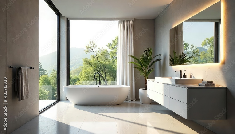 Fototapeta premium Modern minimalist bathroom, single sink vanity , vanity, bright