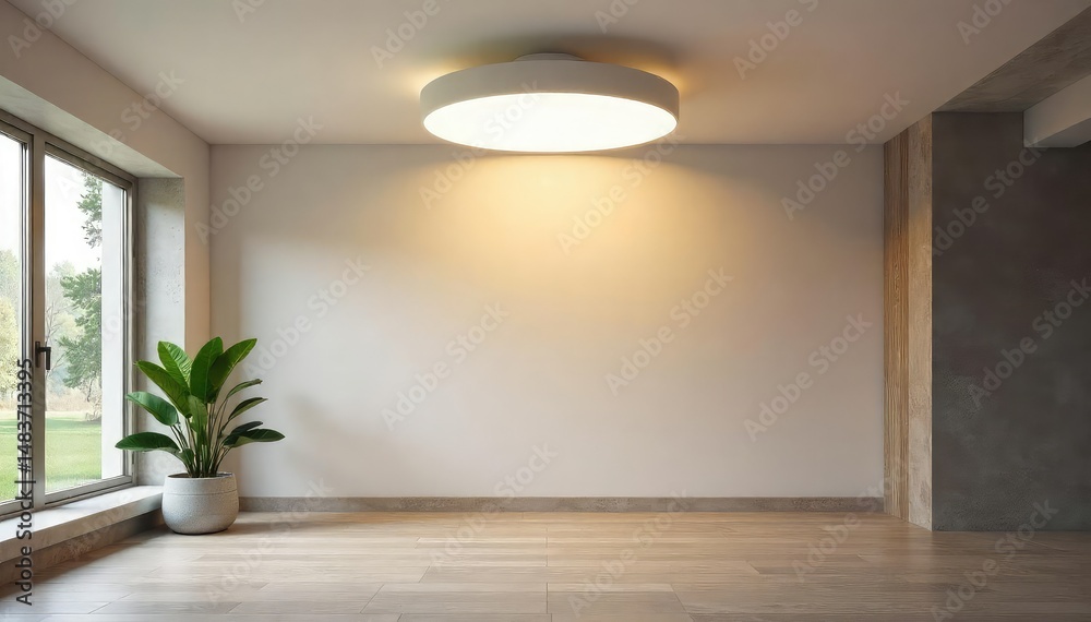 Fototapeta premium Modern minimalist ceiling light fixture illuminating a bright, airy room , space, overhead light