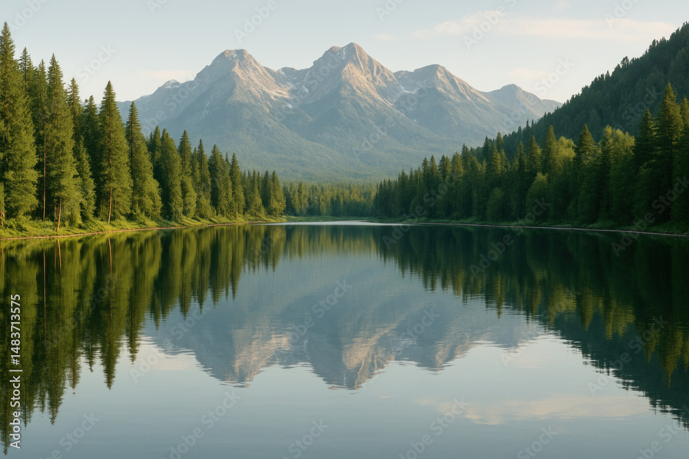 Fototapeta premium Trees reflected on a serene lake with distant mountains.