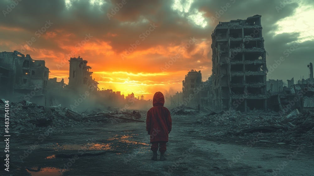 Fototapeta premium Child in red coat standing in war-torn city at sunset among ruined buildings.