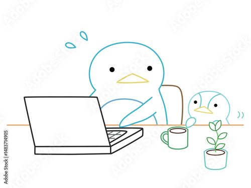 リモートワークをする子育て中のペンギン　カラー線画