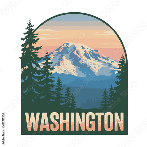 Retro washington state badge featuring a mountain and forest scene with sunset colors