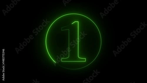 A circle with a neon icon on a black background and the text 1 in the middle of it.4k animation.