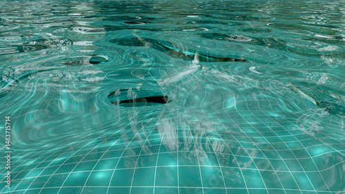 View from above of water rippled in green tiles swimming pool, with forset background reflecting on wave surface, caustic light shimmering on bottom of the pool. 3D Illustration.
