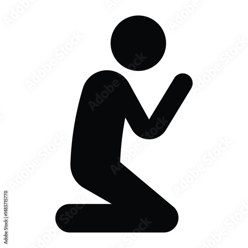 Christian prayer vector icon. Kneeling person in prayer pose symbolizing faith, worship, or spirituality. Black silhouette isolated on white background.