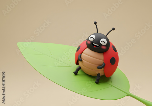 Cute Cartoon Ladybug Sitting on a Green Leaf with a Smiling Face and Red-Black Spotted Shell