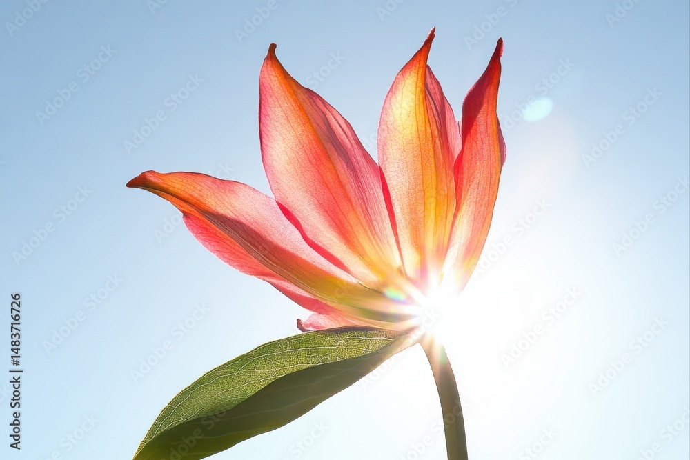Fototapeta premium Blooming flower against the sky with sunlight shining through, for botanical illustrations and nature photography projects.