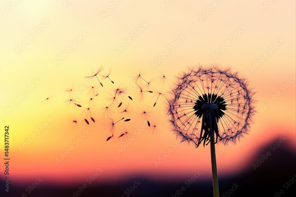 Fototapeta premium Dandelion seeds blowing away at sunset for nature and botanical use cases