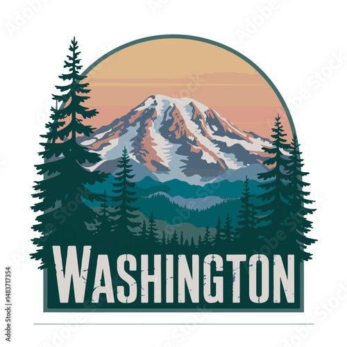 Washington state mountain landscape illustration featuring snowy peaks and evergreen trees