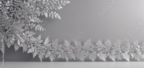 Shimmering silver leaf border with delicate lace details, elegant botanical design , texture, craft, premium