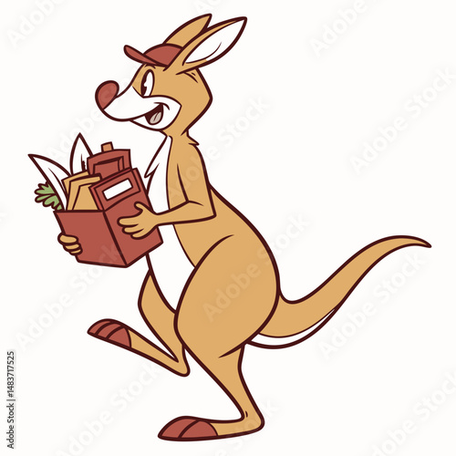 Happy kangaroo cartoon character carrying groceries with copy space