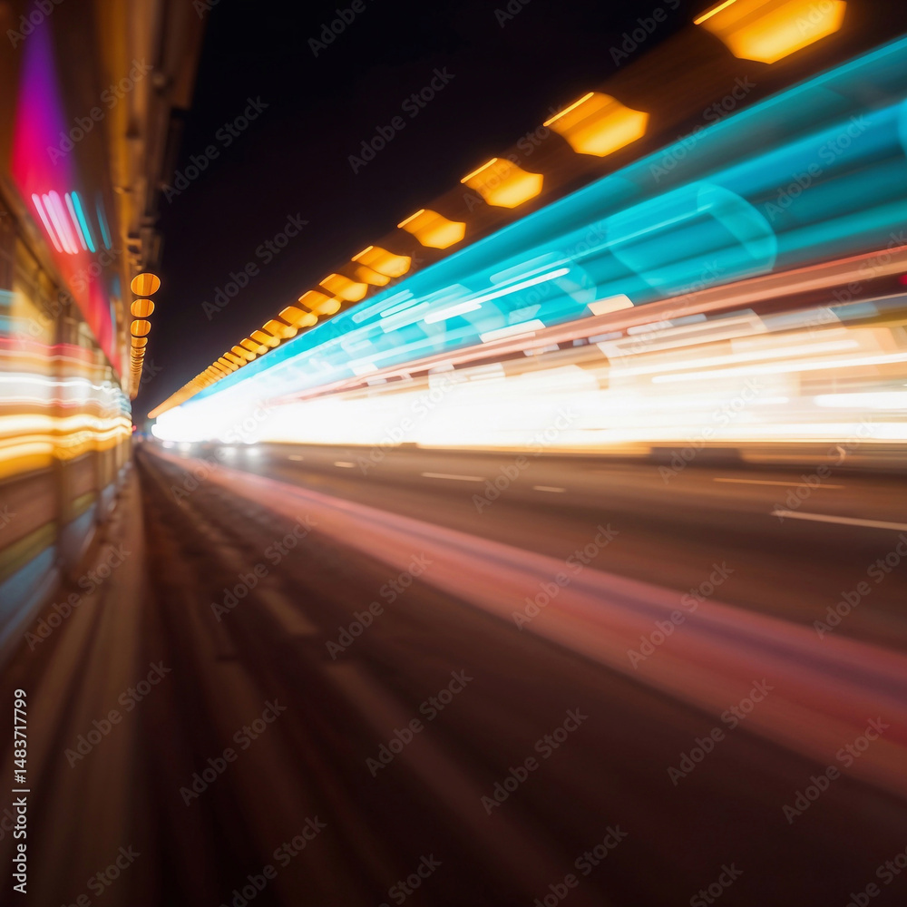 Fototapeta premium Motion blur of colorful lights in a tunnel at night captured from a fast vehicle