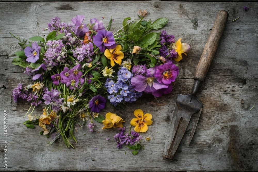 Fototapeta premium Floral arrangement with garden tool on wooden surface for decoration, gardening, and spring themes.