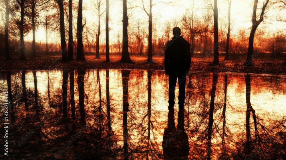 Fototapeta premium Solitary Figure in Autumnal Reflection