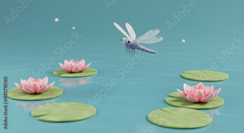 Graceful 3D Dragonfly Hovering Above Lotus Flowers on a Calm Pond in Nature Scene