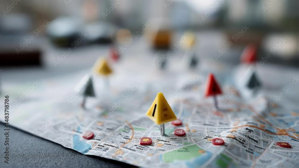 A closeup of a city map pinned with signals representing smart water meter alerts with a focus on areas marked for urgent attention due to significant nonrevenue water losses.