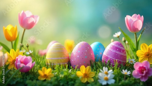 Colorful Easter eggs hidden in spring flowers, April springtime scene , pink, blossom