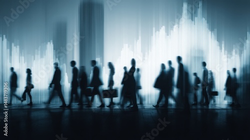 Silhouetted people walk in a crowd with financial graph background in blue.