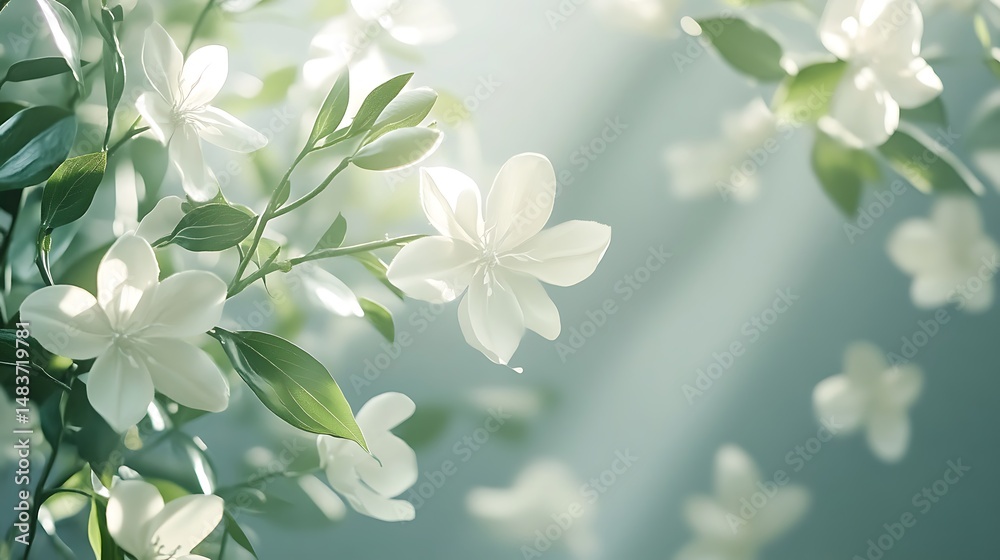 Fototapeta premium Delicate white blossoms, sunlit leaves