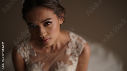 Elegant Bride in Lace Wedding Dress with Soft Makeup and Updo – Cinematic Editorial Portrait