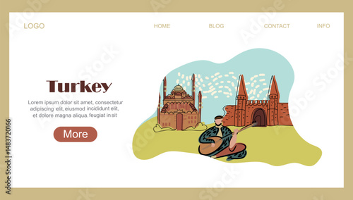 Landing page with Turkish attractions, popular destination. Vector illustration liner hand drawn art.
