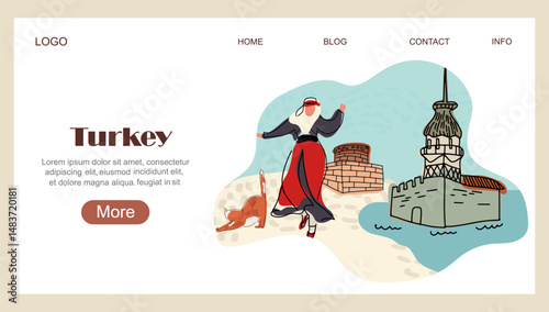 Landing page with Turkish attractions, popular destination. Vector illustration liner hand drawn art.