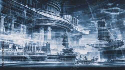 Futuristic city illustration with complex structures and a blue color scheme.
