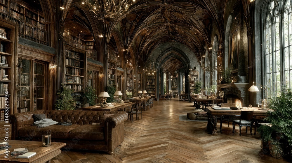 Fototapeta premium Elegant Gothic Library with Arched Ceilings Bookshelves and Warm Lighting for Study or Relaxa
