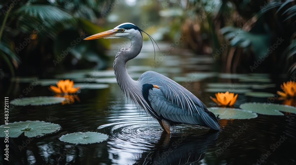 Fototapeta premium Grey heron wading in a tranquil pond. Lush tropical foliage surrounds the water