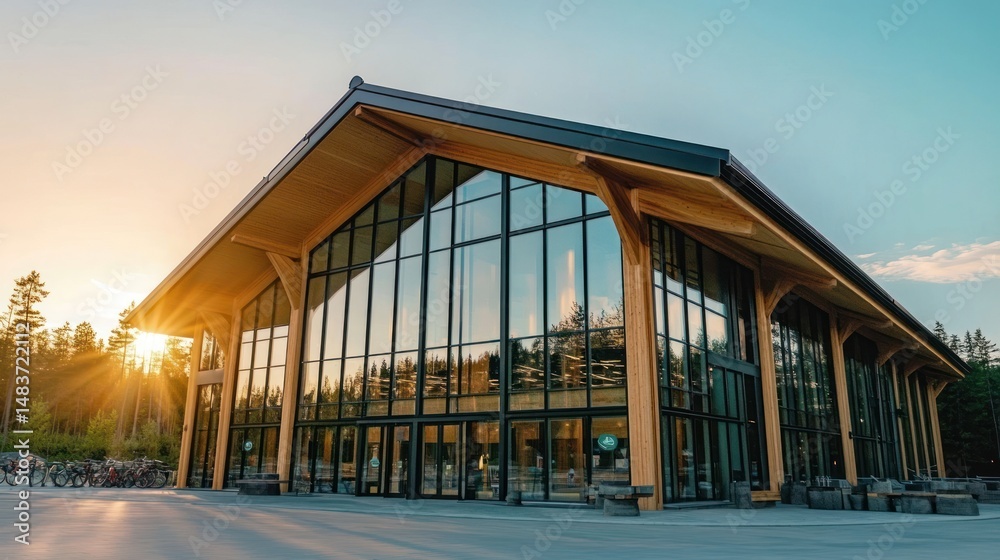 Obraz premium Stunning Wooden Architecture: A Modern Building at Sunset