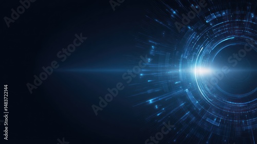 Abstract dark blue background with glowing circle and light streak.