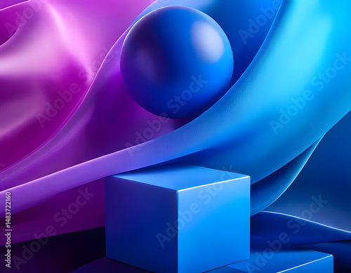 Ball and cube in smooth transitions between blue and purple.