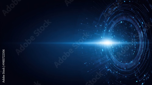 Abstract blue light streak with circular patterns on a dark background.