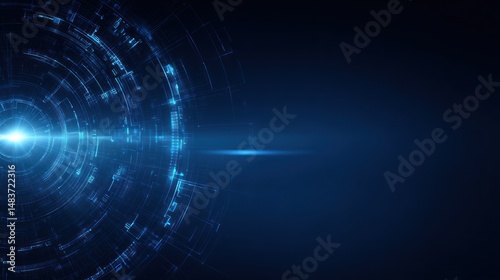 Abstract blue light streaks and circles on dark background.