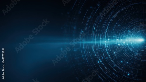 Abstract dark blue background with glowing light and circular patterns.