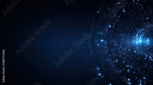 Abstract dark blue background with glowing particles and concentric circles emanating from a point.