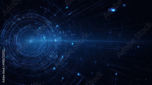 Abstract digital art with blue light and geometric patterns on a dark background.